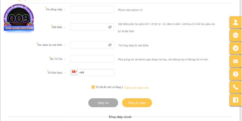 Hướng dẫn đăng ký tài khoản 009
